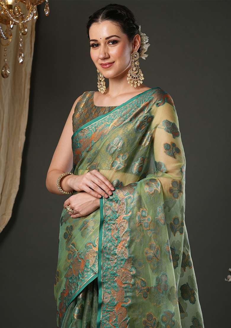 Light Green Printed Organza Saree Set - Indya