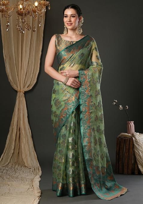Light Green Printed Organza Saree Set — view on Indya