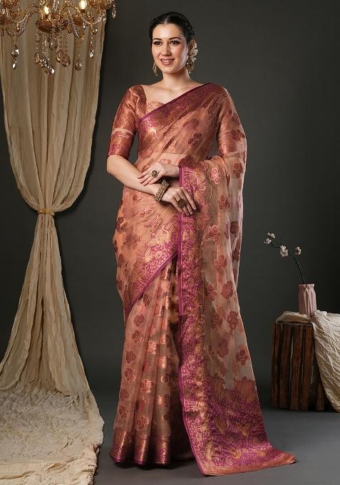 Pink Printed Organza Saree Set — view on Indya