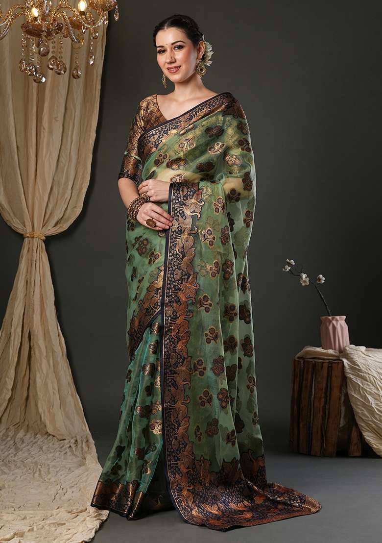 Light Green Printed Organza Saree Set - Indya