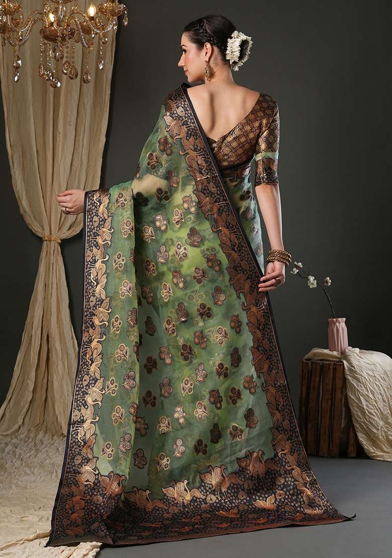 Light Green Printed Organza Saree Set - Indya