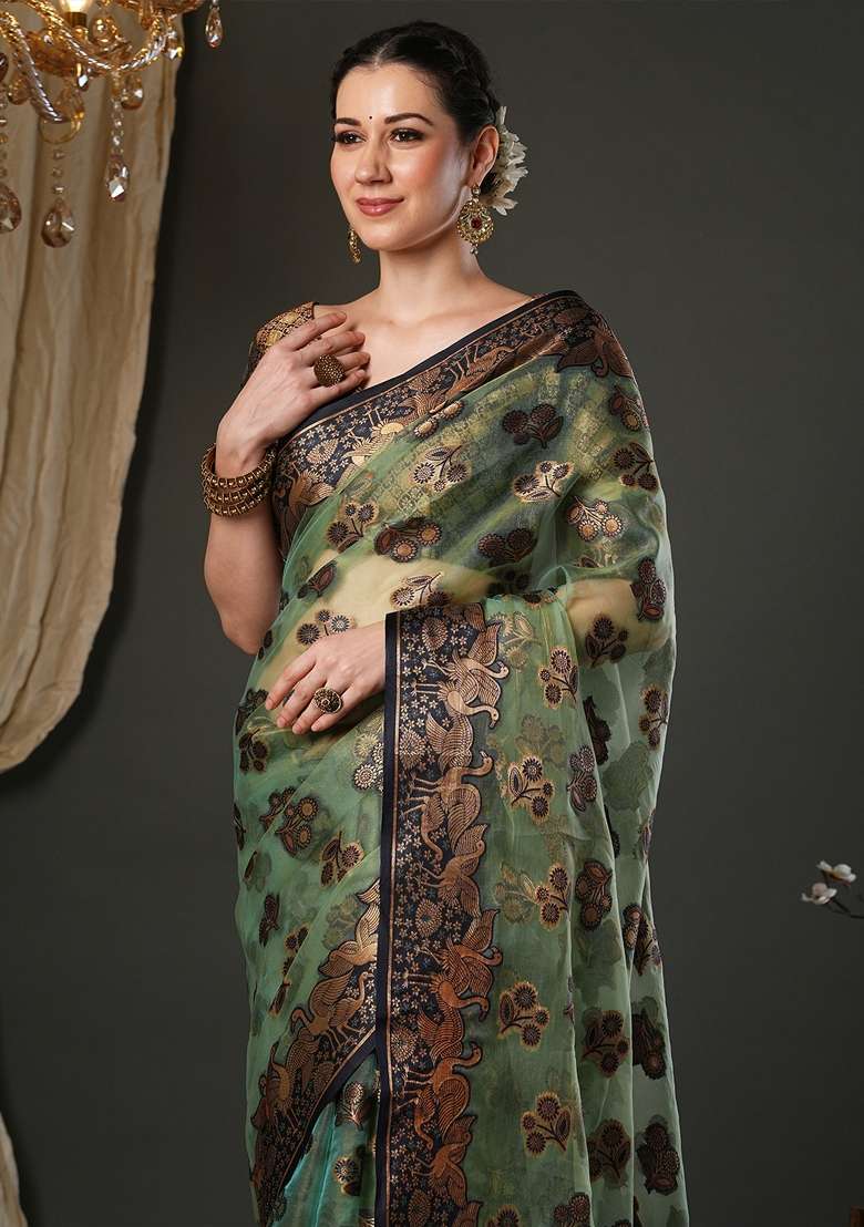 Light Green Printed Organza Saree Set - Indya