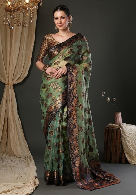 Light Green Printed Organza Saree Set — view on Indya