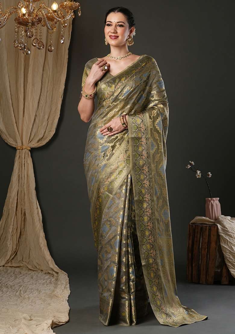 Grey Printed Organza Saree Set - Indya