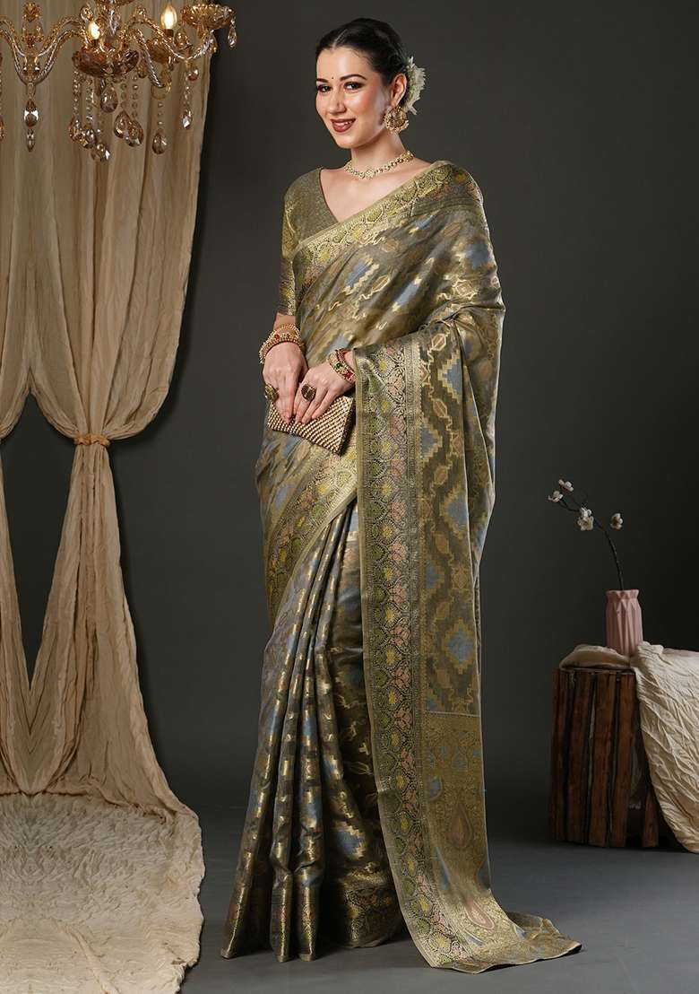 Grey Printed Organza Saree Set - Indya