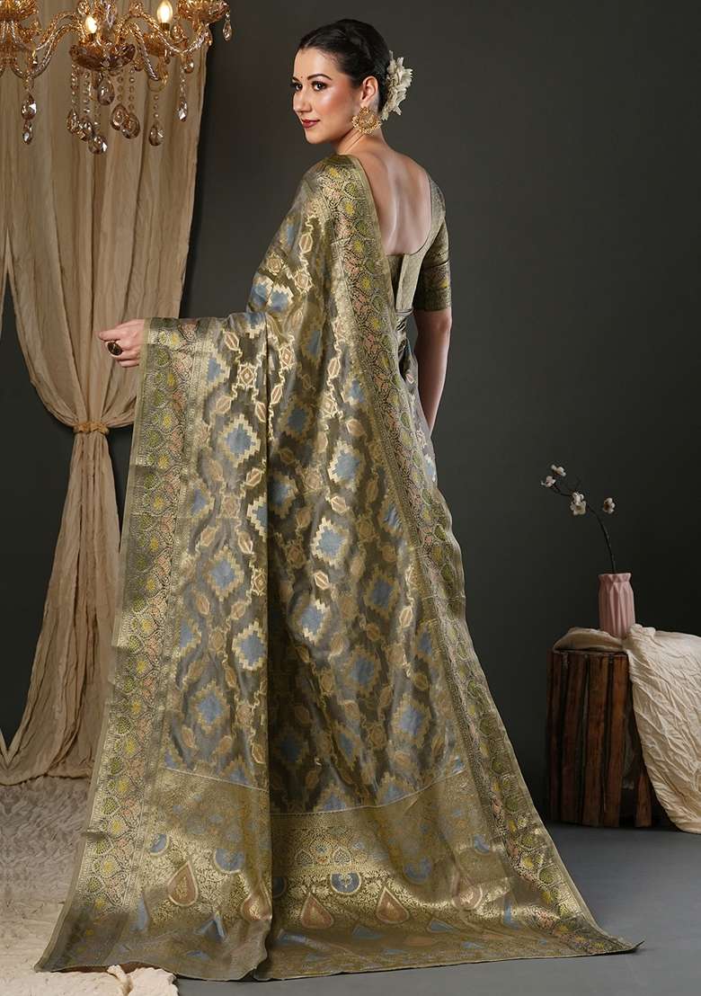 Grey Printed Organza Saree Set - Indya