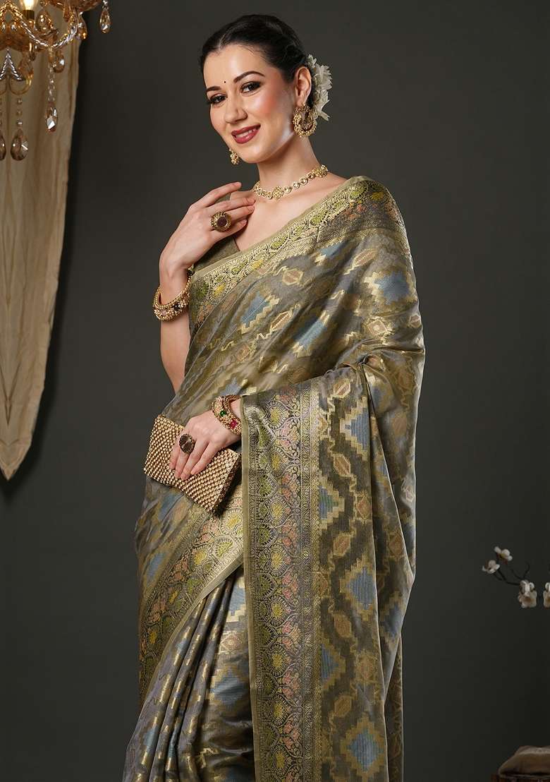 Grey Printed Organza Saree Set - Indya