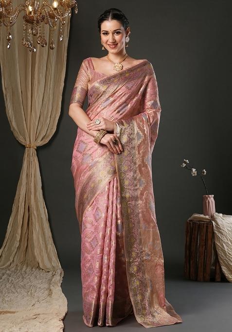 Pink Printed Organza Saree Set — view on Indya