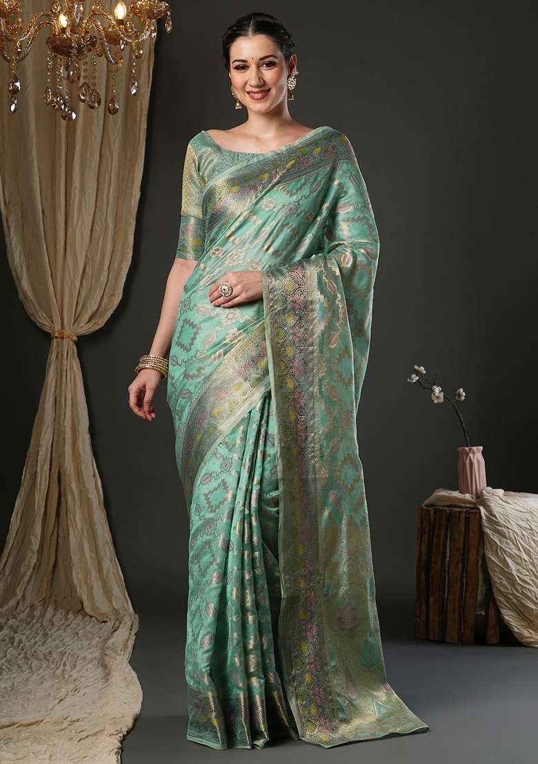 Light Blue Printed Organza Saree Set for Diwali and Festive Wear - Indya