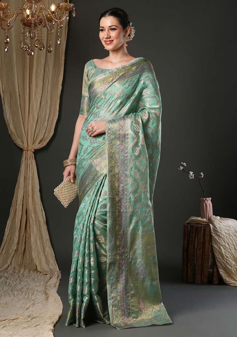 Light Blue Printed Organza Saree Set for Diwali and Festive Wear - Indya