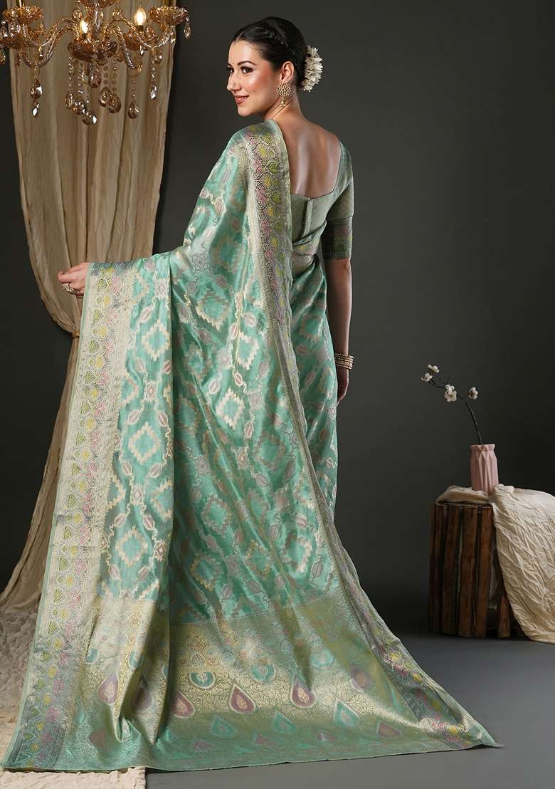 Light Blue Printed Organza Saree Set for Diwali and Festive Wear - Indya