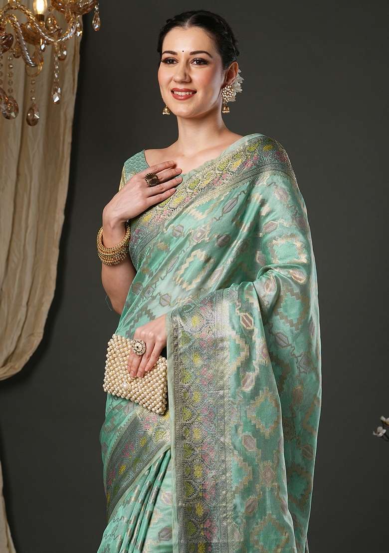 Light Blue Printed Organza Saree Set for Diwali and Festive Wear - Indya