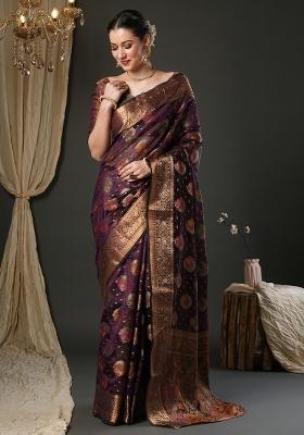 Purple Printed Organza Saree Set