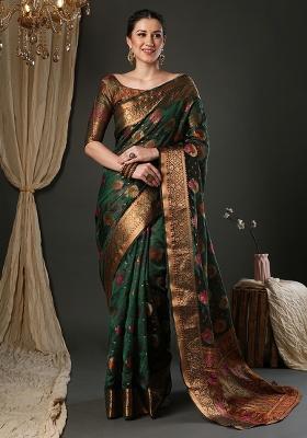 Green Printed Organza Saree Set