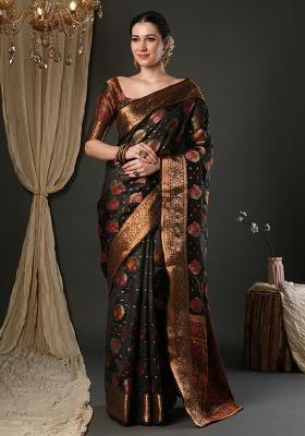 Black Printed Organza Saree Set