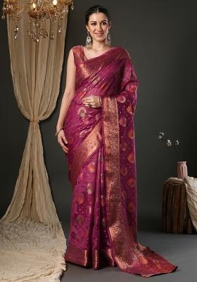 Pink Printed Organza Saree Set