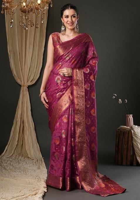 Pink Printed Organza Saree Set — view on Indya