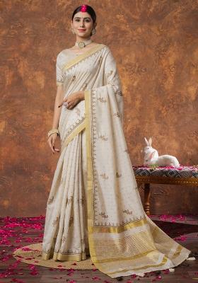 Cream Printed Linen Saree Set