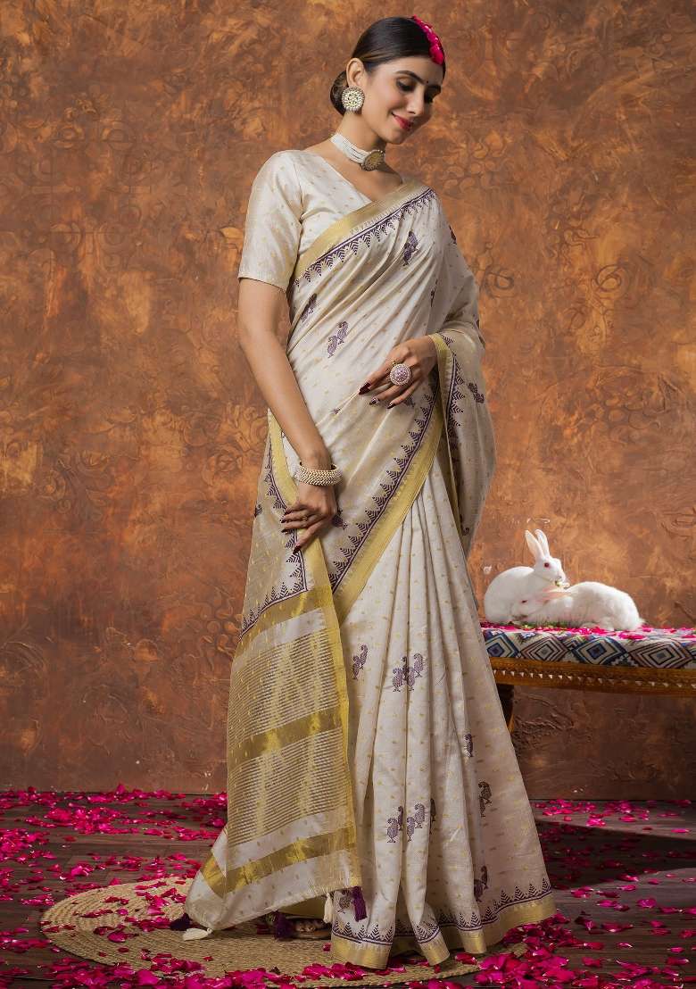 Cream Printed Linen Saree Set - Indya