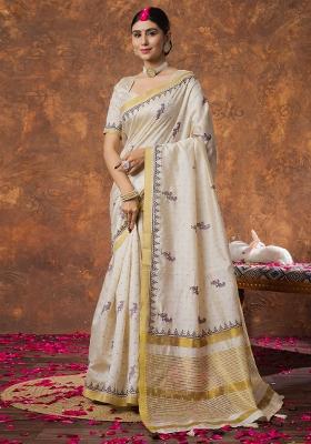 Cream Printed Linen Saree Set