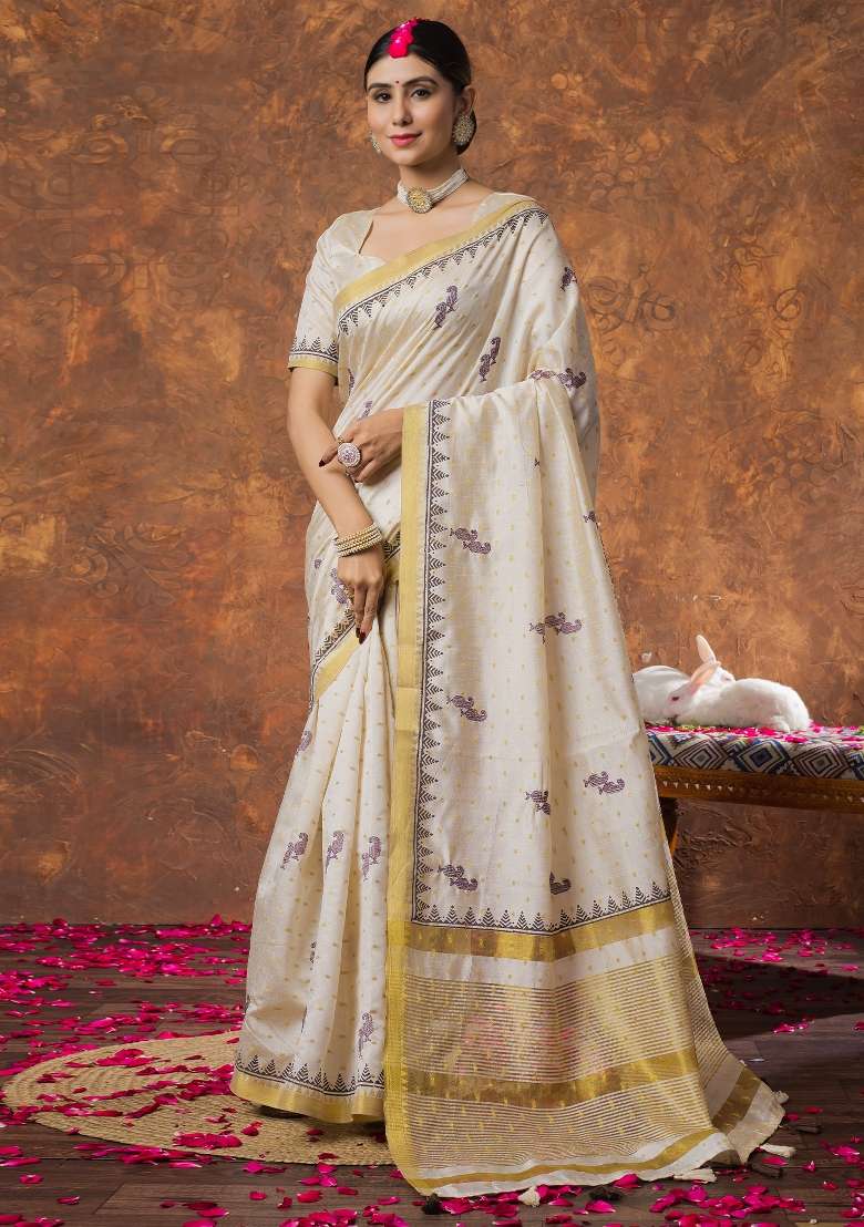 Cream Printed Linen Saree Set - Indya