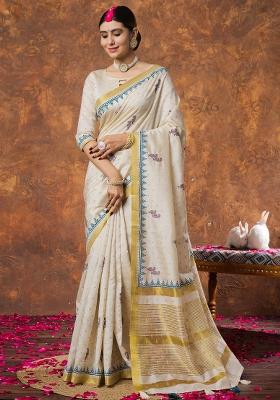 Cream Printed Linen Saree Set