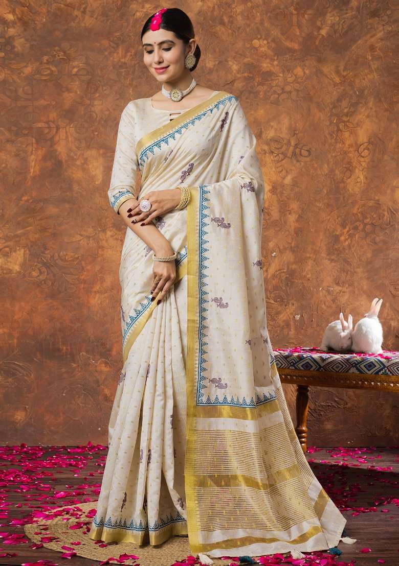 Cream Printed Linen Saree Set - Indya