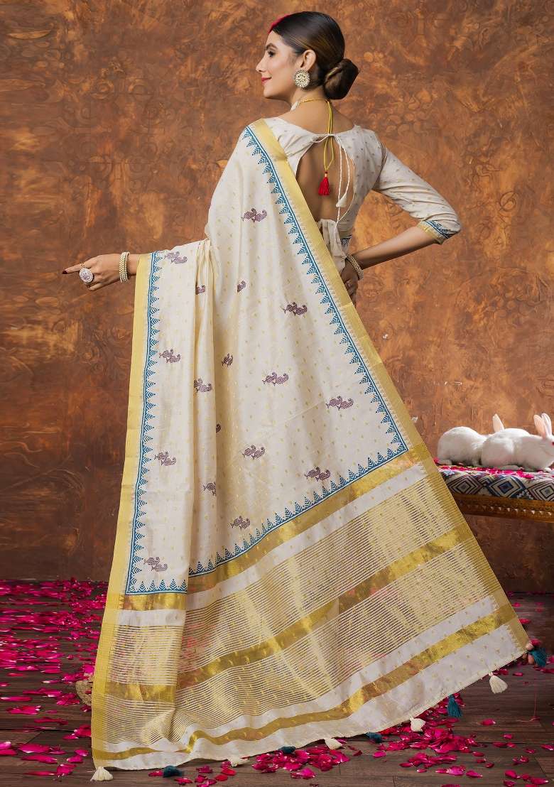 Cream Printed Linen Saree Set - Indya