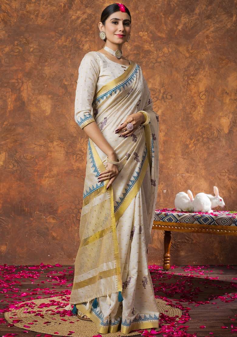 Cream Printed Linen Saree Set - Indya