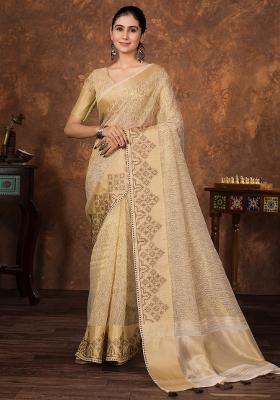 Cream Printed Tissue Saree Set