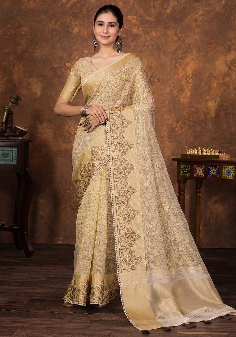 Cream Printed Tissue Saree Set — view on Indya