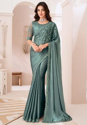Teal Blue Printed Satin Silk Saree Set