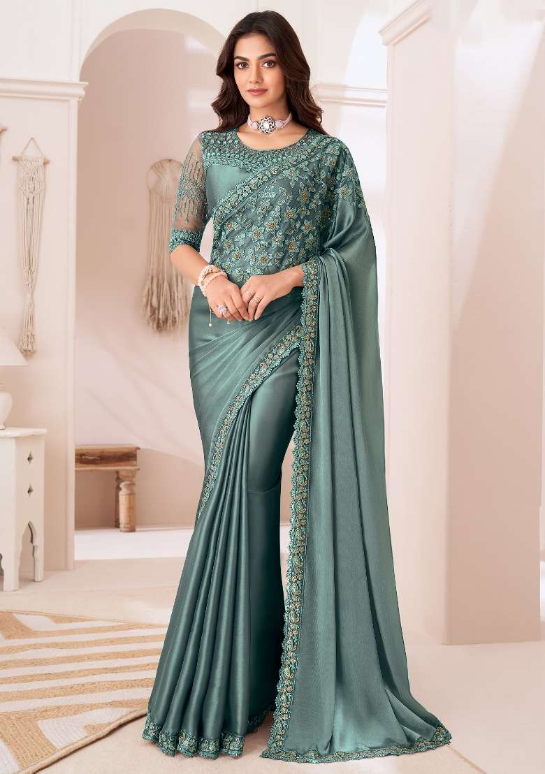 Teal Blue Printed Satin Silk Saree Set - Indya