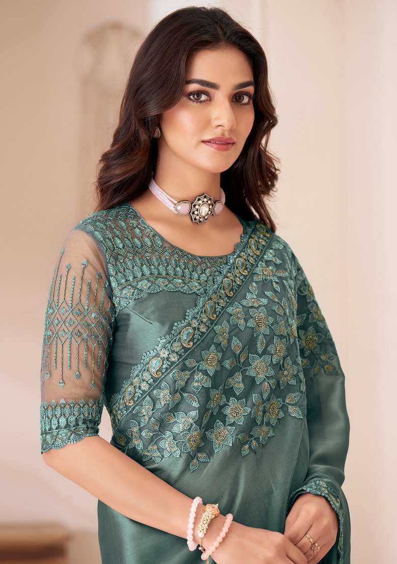 Teal Blue Printed Satin Silk Saree Set - Indya