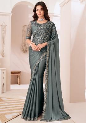 Grey Printed Satin Silk Saree Set