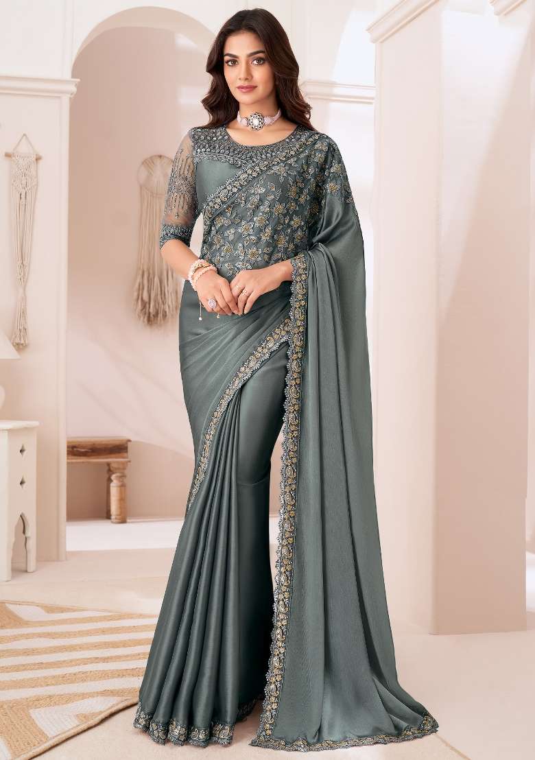 Grey Printed Satin Silk Blend Saree Set - Indya