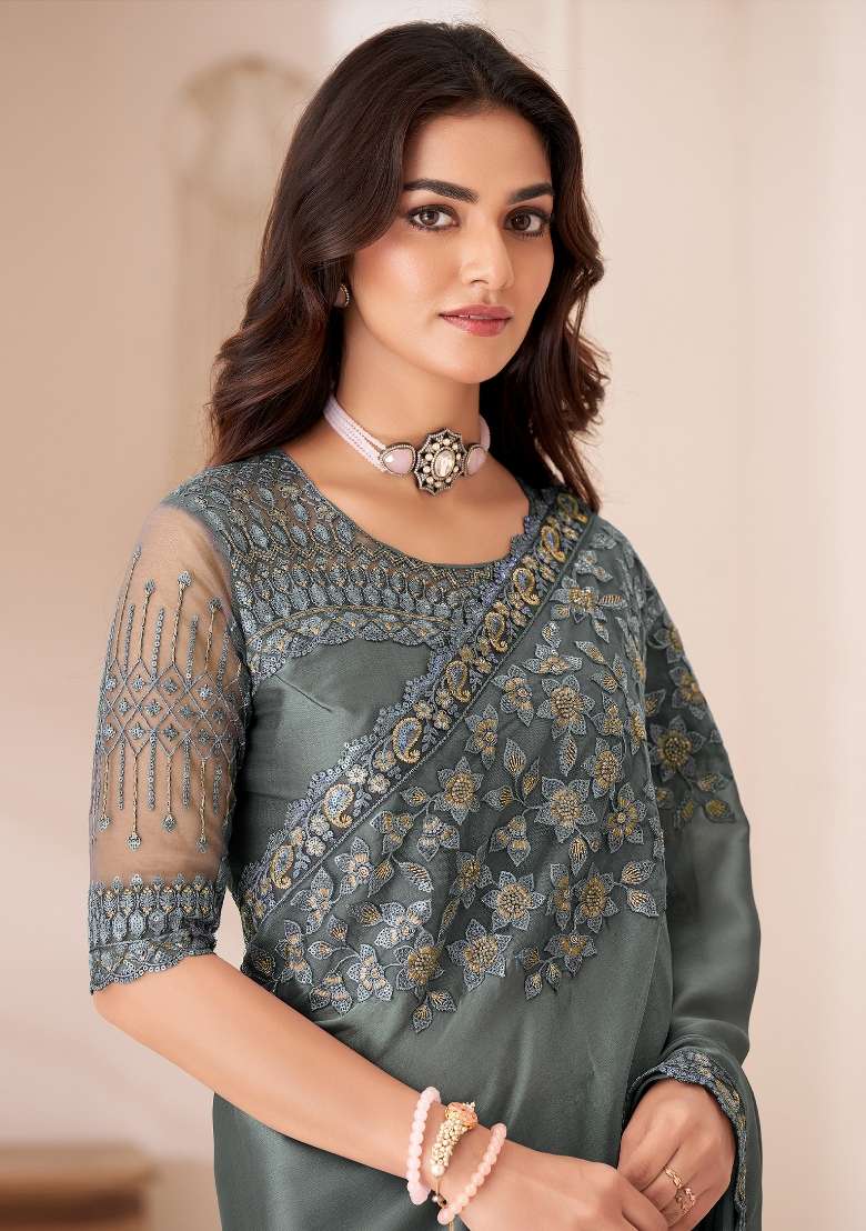 Grey Printed Satin Silk Blend Saree Set - Indya