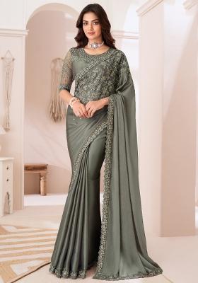 Sea Green Printed Satin Silk Saree Set