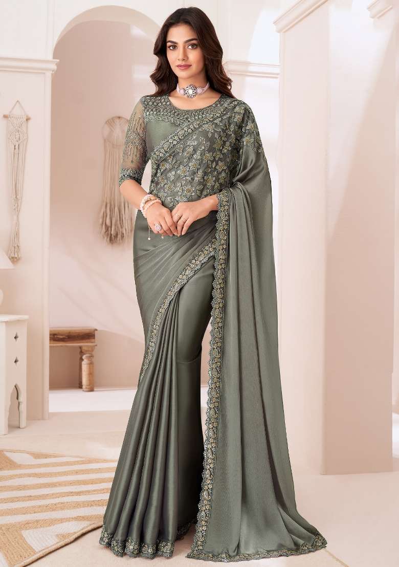 Sea Green Printed Satin Silk Saree Set - Indya