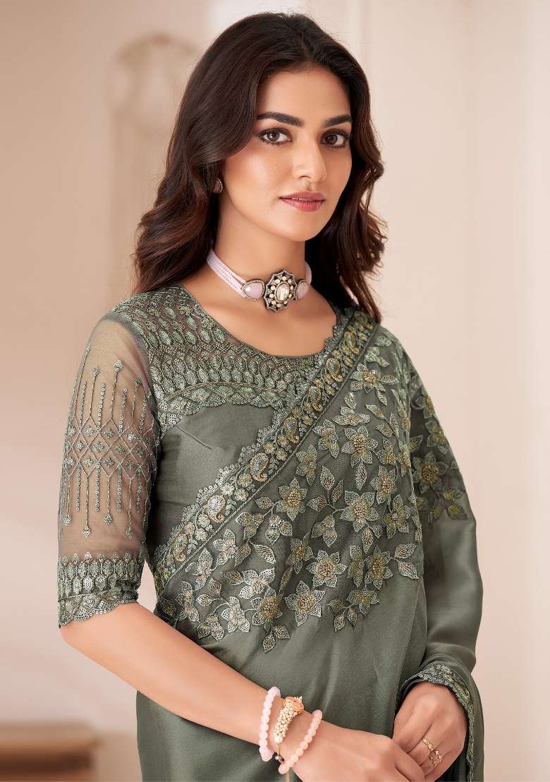 Sea Green Printed Satin Silk Saree Set - Indya