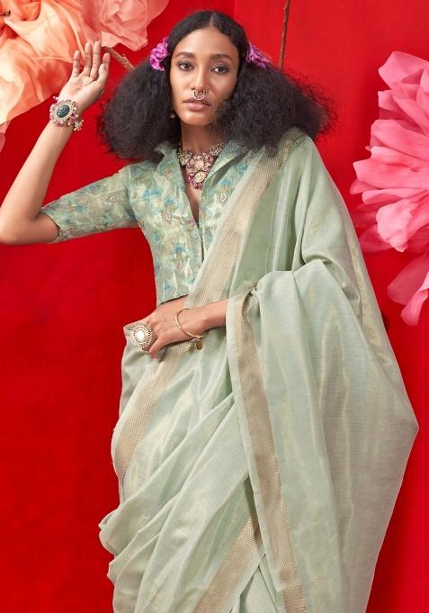 Sea Green Printed Tissue Saree Set — view on Indya