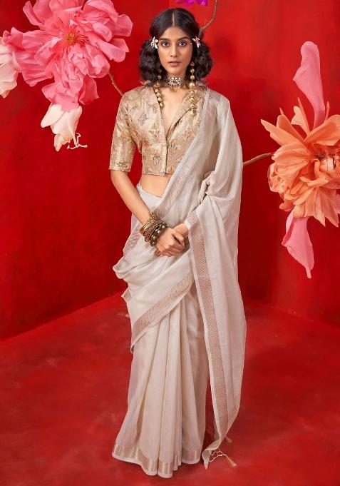Cream Printed Tissue Saree Set — view on Indya