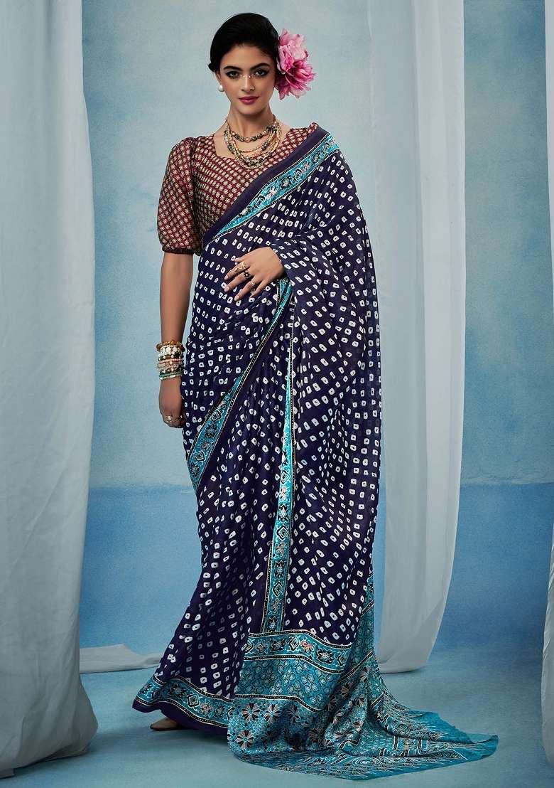 Purple Printed Satin Silk Blend Saree Set - Indya