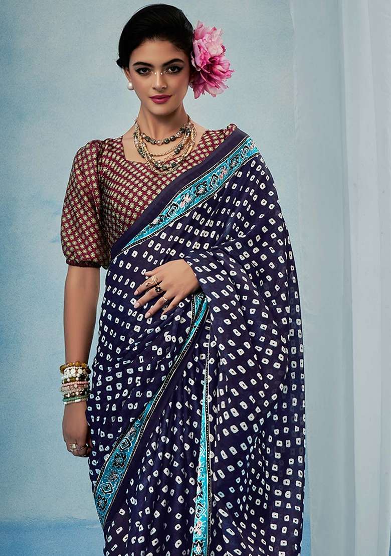 Purple Printed Satin Silk Blend Saree Set - Indya
