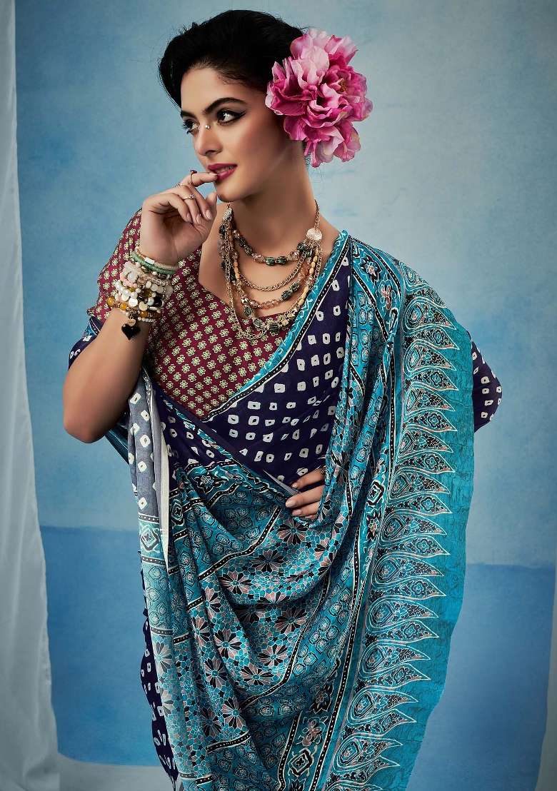 Purple Printed Satin Silk Blend Saree Set - Indya