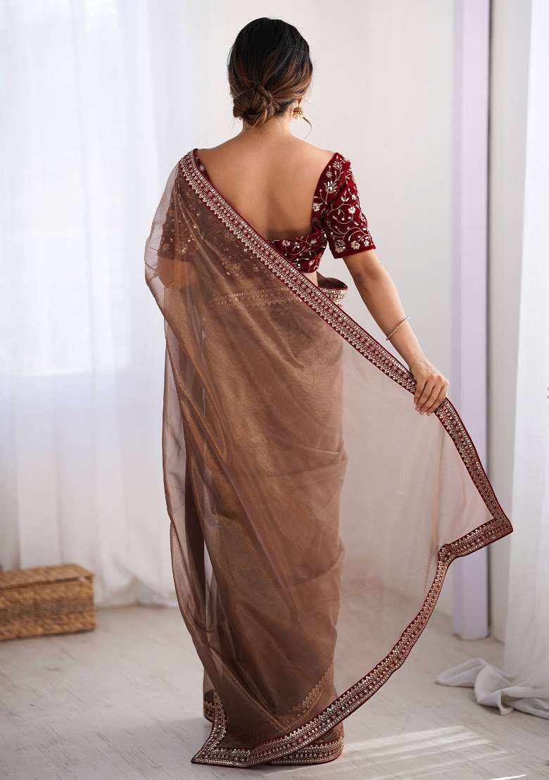 Bronze Net Saree Set with Printed for Diwali | Wedding & Festive Wear - Indya