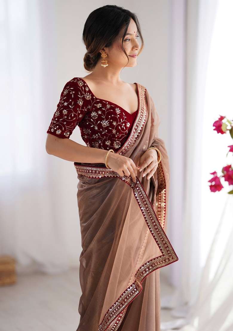 Bronze Net Saree Set with Printed for Diwali | Wedding & Festive Wear - Indya