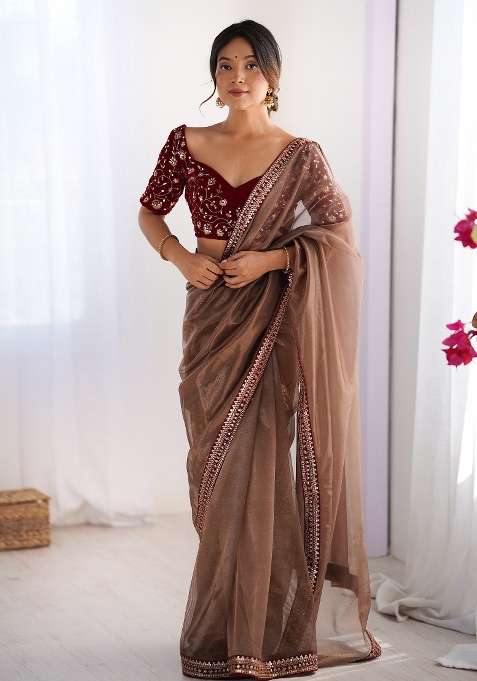 Bronze Net Saree Set with Printed for Diwali | Wedding & Festive Wear