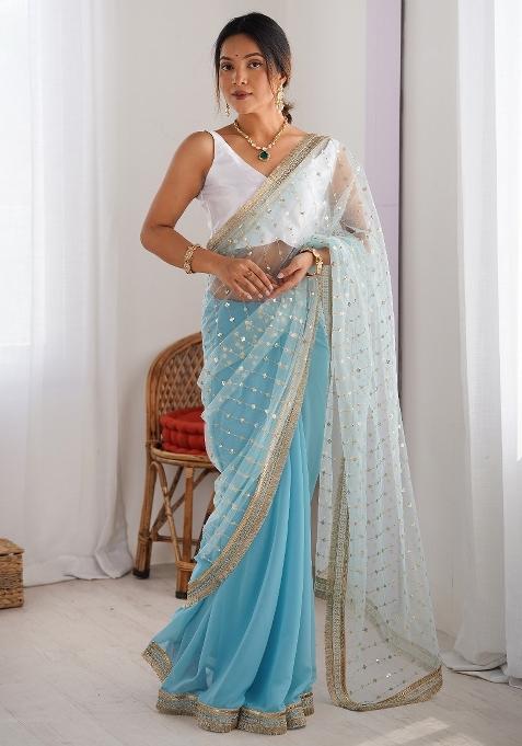 Light Blue Printed Net Saree Set — view on Indya