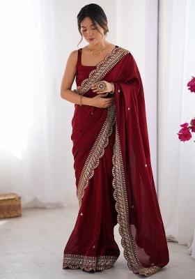 Maroon Printed Vichitra Silk Saree Set